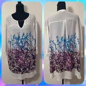 Dana Buchman White Tunic with Blue and Purple Floral Design